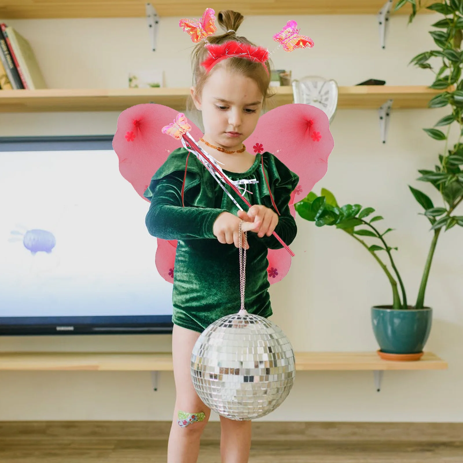 3Pcs LED Light Fairy Wings Set Red Includes Double Layer Wings Elastic Straps Headband and Wand Girls Costume Night Party Outfit