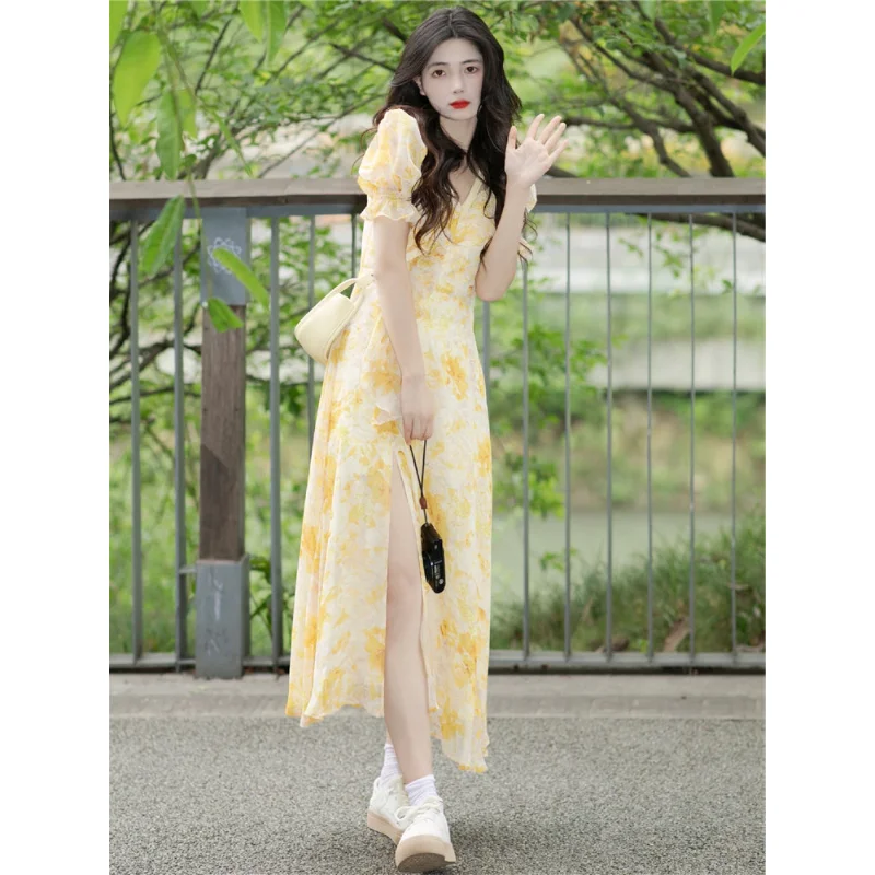 

Tea Break French Platycodon Retro Gentle Atmosphere Quality Advanced Sense Waist Yellow Floral Chiffon Dress Children Summer