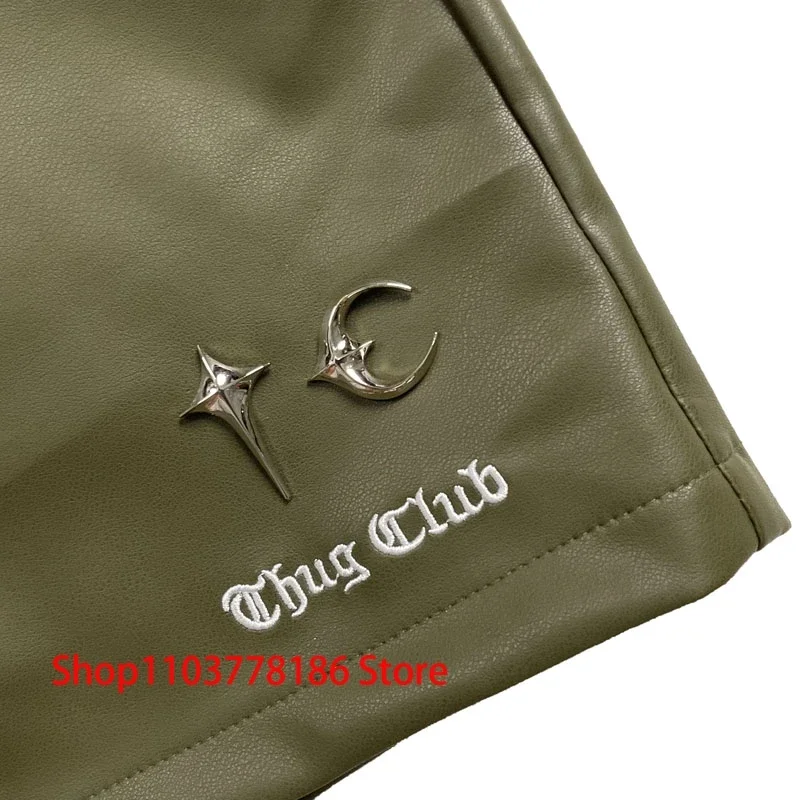 24ss Men Women Couple THUG CLUB Leather Shorts High Street Vintage Metal Logo Embroidered Letters Loose Casual Pants