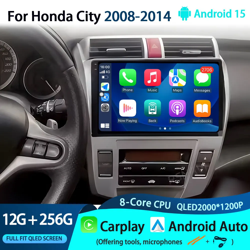 

Android 15 Carplay Auto 2K Screen Car Radio Multimedia Player For Honda City 2008-2014 Autoradio GPS Stereo no 2din Head Unit