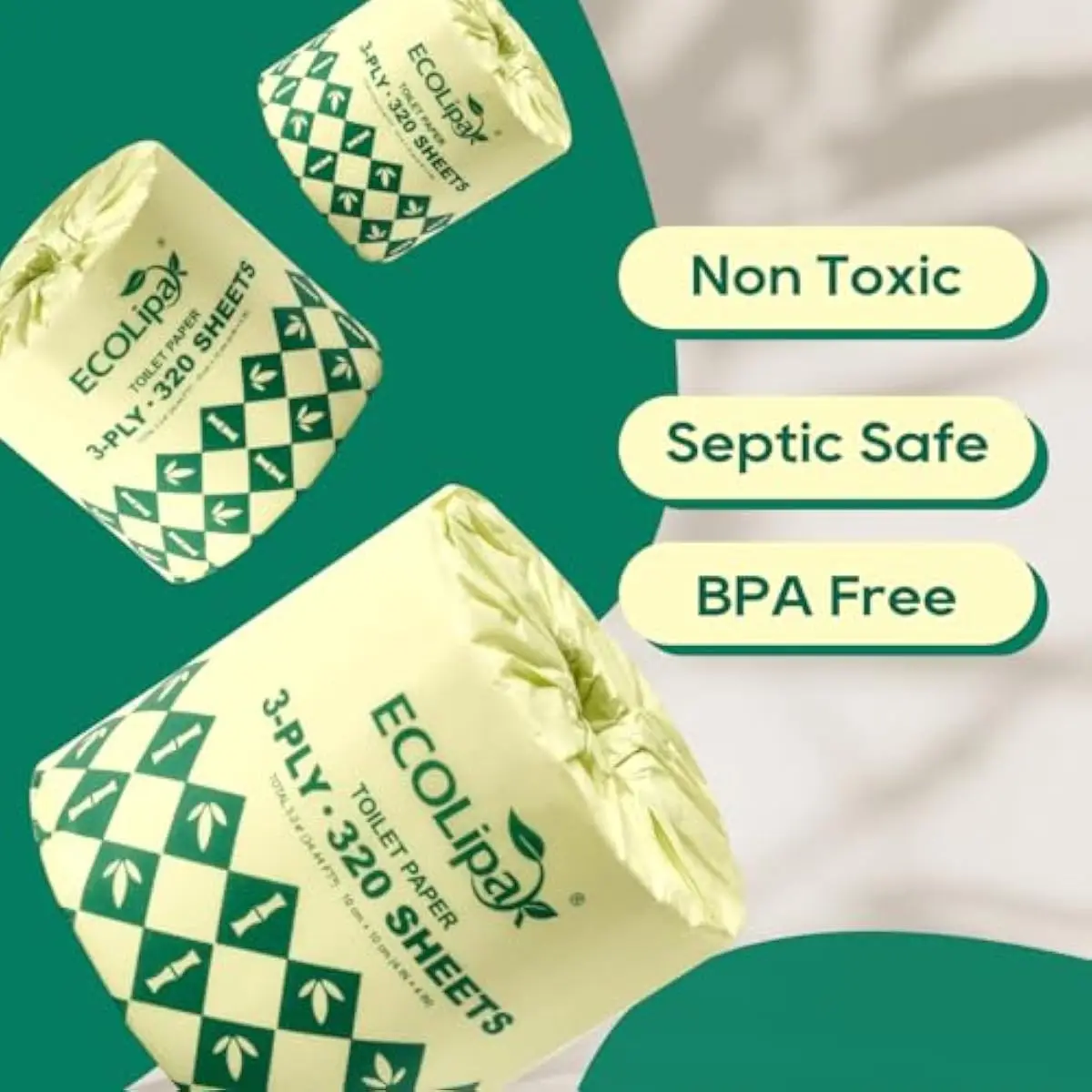Bamboo Toilet Paper 3 Ply, Septic Safe Toilet Tissue, 12 Double Rolls, 320 Sheets Per Roll, Tree Free, Non Toxic, Soft and Absor