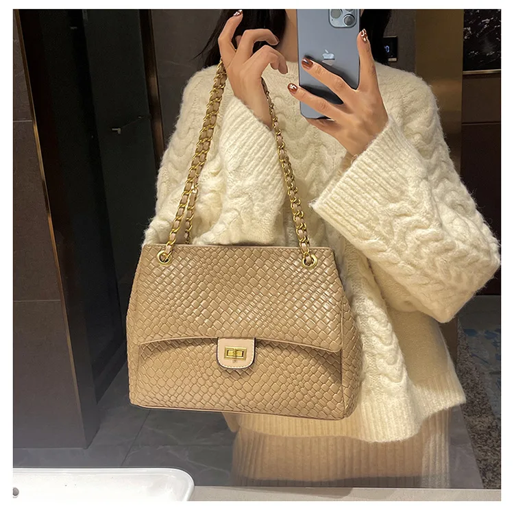 

Минималистичная модная женская сумка через плечо | Плетеная сумка в клетку в стиле ретро | Сумка на цепочке большой емкости