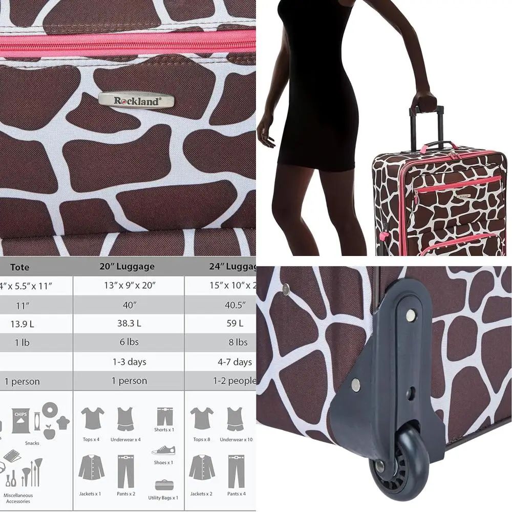 

Pink Giraffe Print 4-Piece Luggage Set with Telescopic Handles: 14, 19, 24, 28 Softside Travel Suitcases