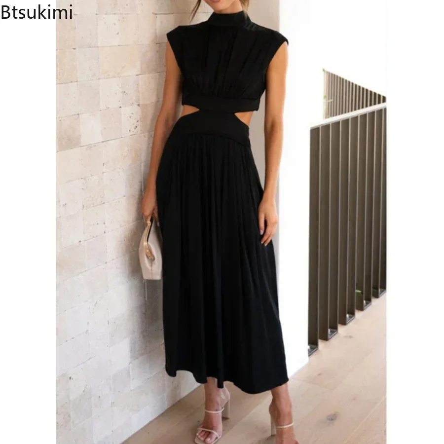 

2025 Women Summer Dress Solid Sleeveless A-LINE Hollow out Shirring Long Dress Trendy Elegant Maxi Dress for Women Beach Outfits