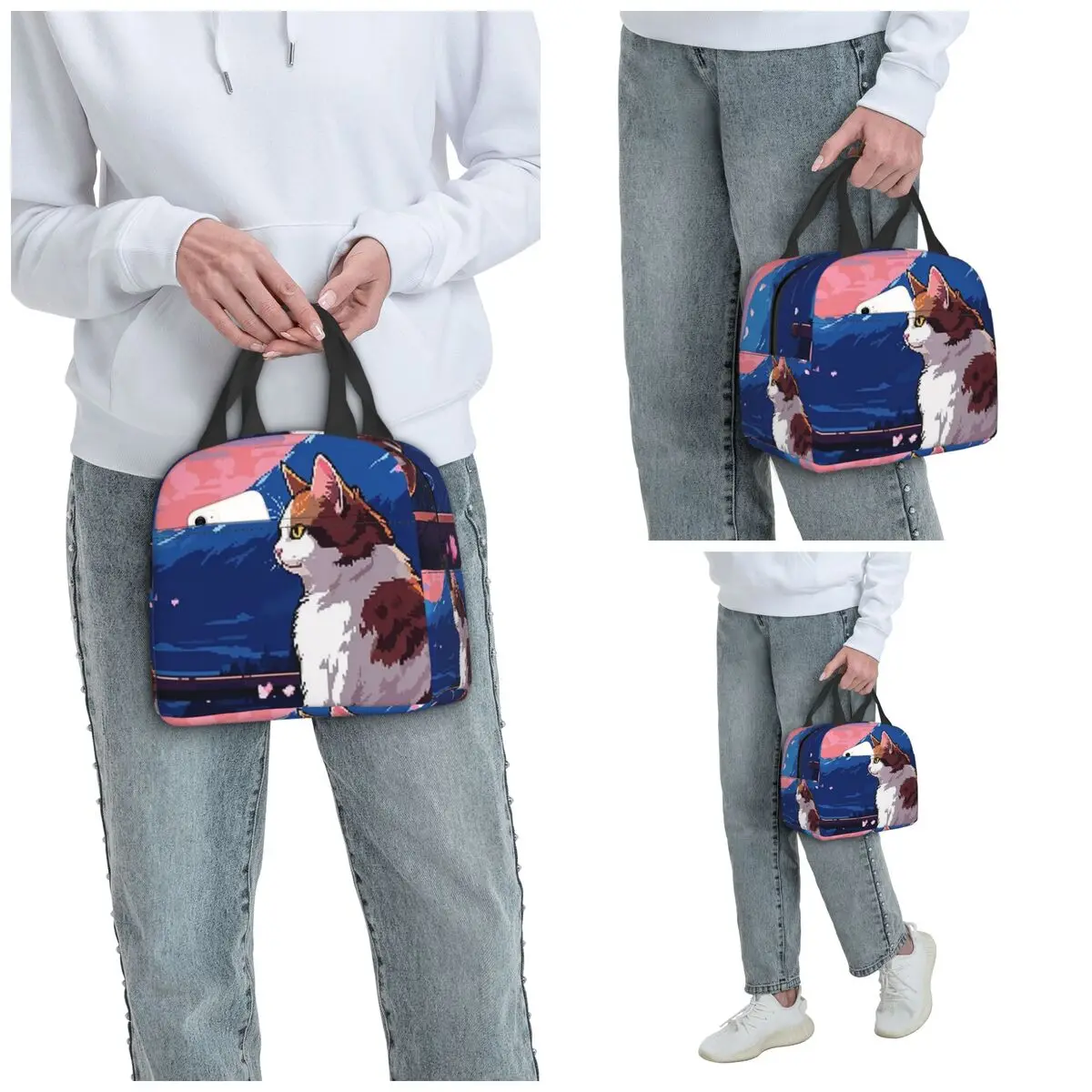 Sakura Mount Fuji And Cat Insulated Lunch Bag for Kids School Cooler Thermal Food Box Tote Portable Lunch Boxes Container