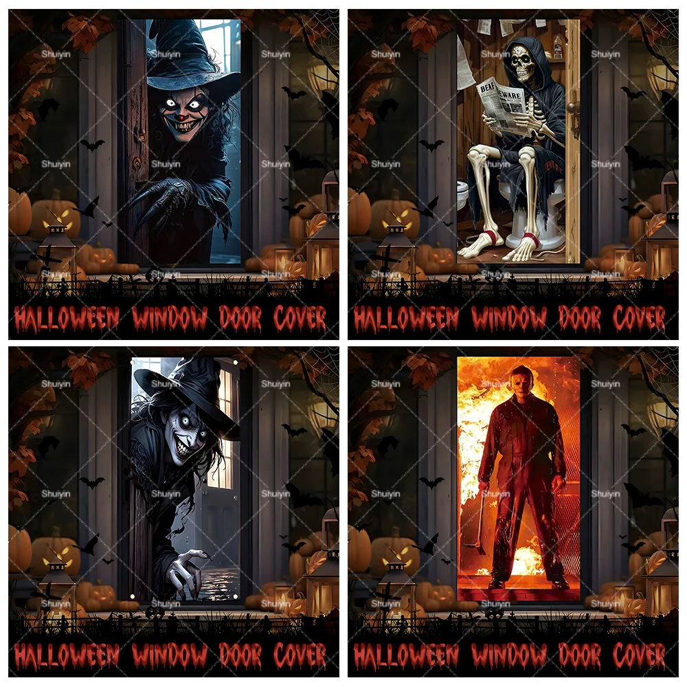 

Halloween Horror Door Banner 2D Scary Witch Haunted House Skeleton Pumpkin Backdrop Indoor Outdoor Wall Porch Decor Party Supply