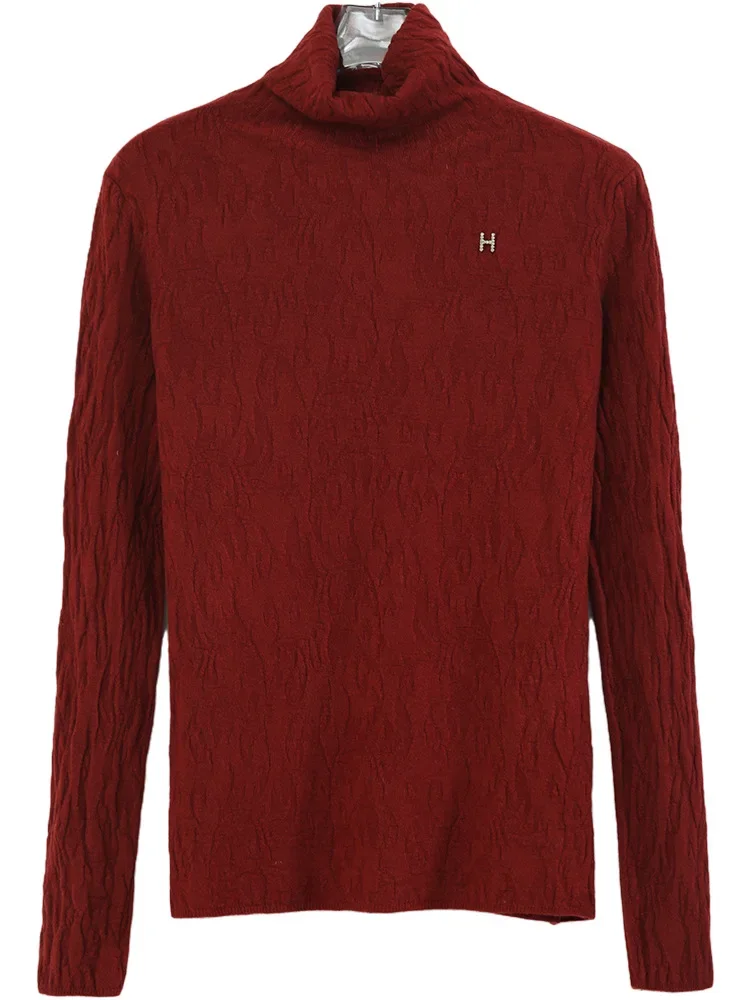 Christmas Frilly Sweater Thin All-match Pullover Full Sleeve Turtleneck Elegant Solid Casual Elastic 2023 New Autumn Korean Tops