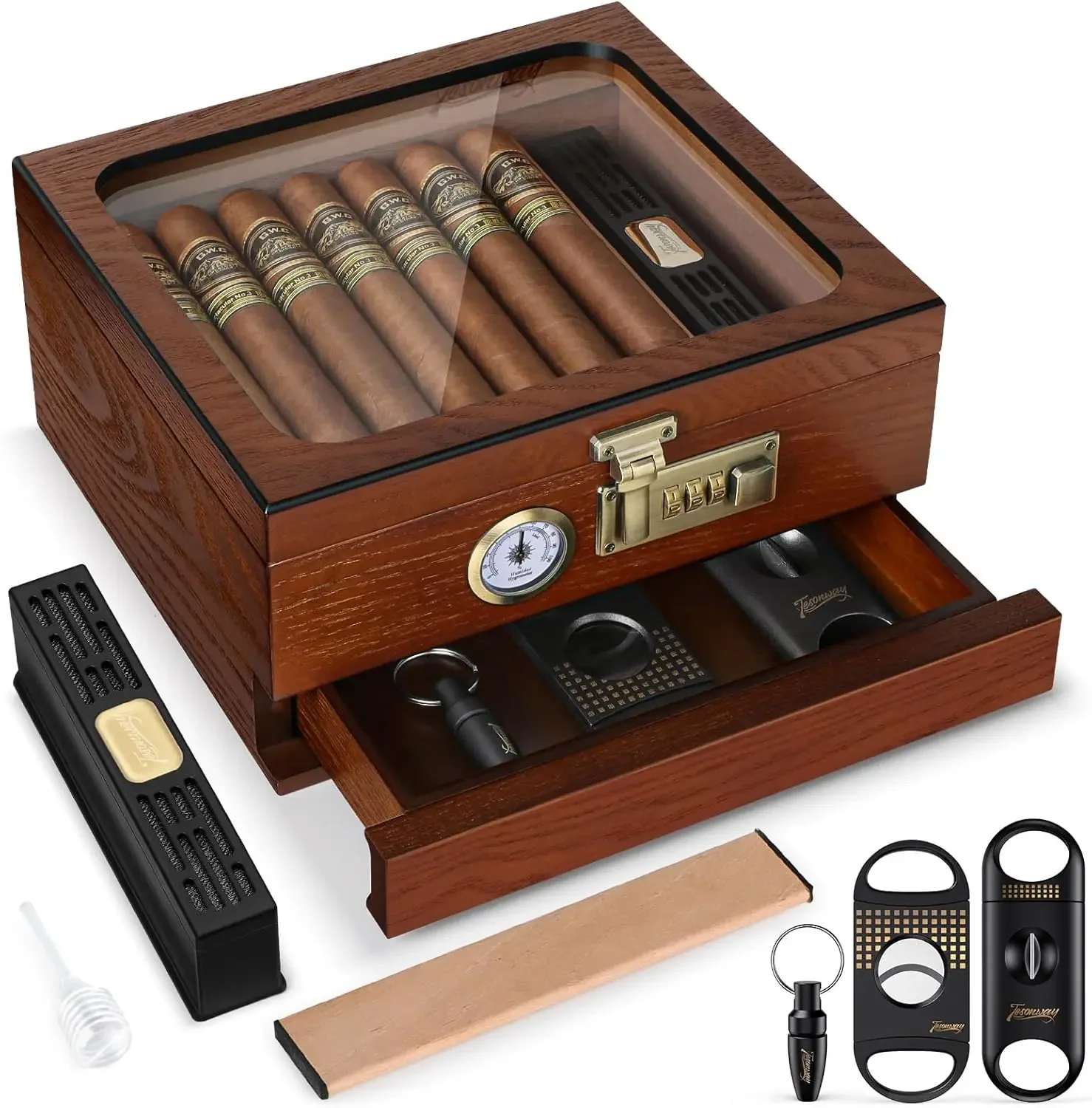 

Cigar Humidor Cedar Wood Humidor Cigar Box Glass Top Desktop Humidor with Front Hygrometer Divider Accessories Drawer