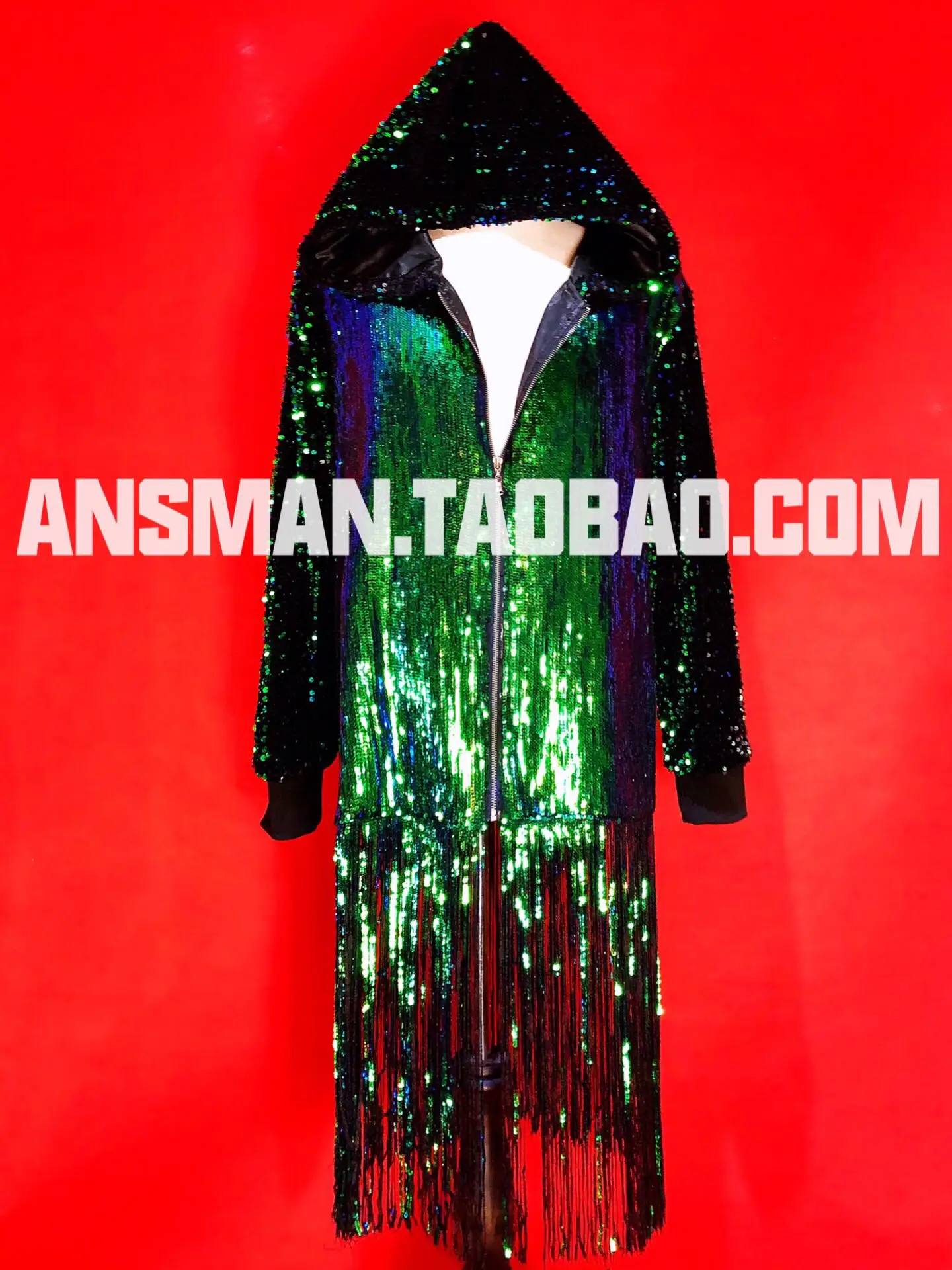 

Luxury Men Hooded Green Sequin Fringed Cloak Long Jacket Nightclub Bar Male Singer Hio Hop Jazz Dance Stage Symphony Costumes