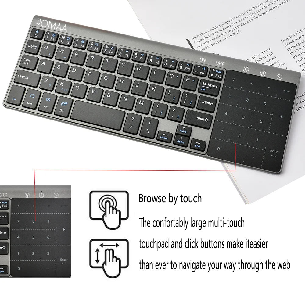 JOMAA 2.4G+Bluetooth Keyboard with Touchpad Mouse Numberic Pad Wireless Keypoard for iPad Tablet Smart TV Computer