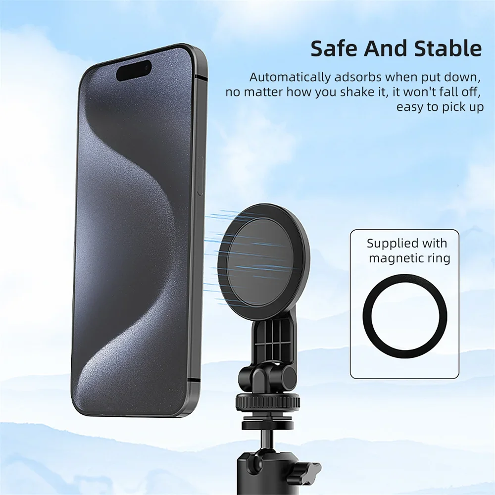 

Upgrade Magnetic Camera Tripod Mount w Cold Shoe 1/4" Hole Phone Holder for Magsafe iPhone 15 14 13 12 Series Android Mic Light