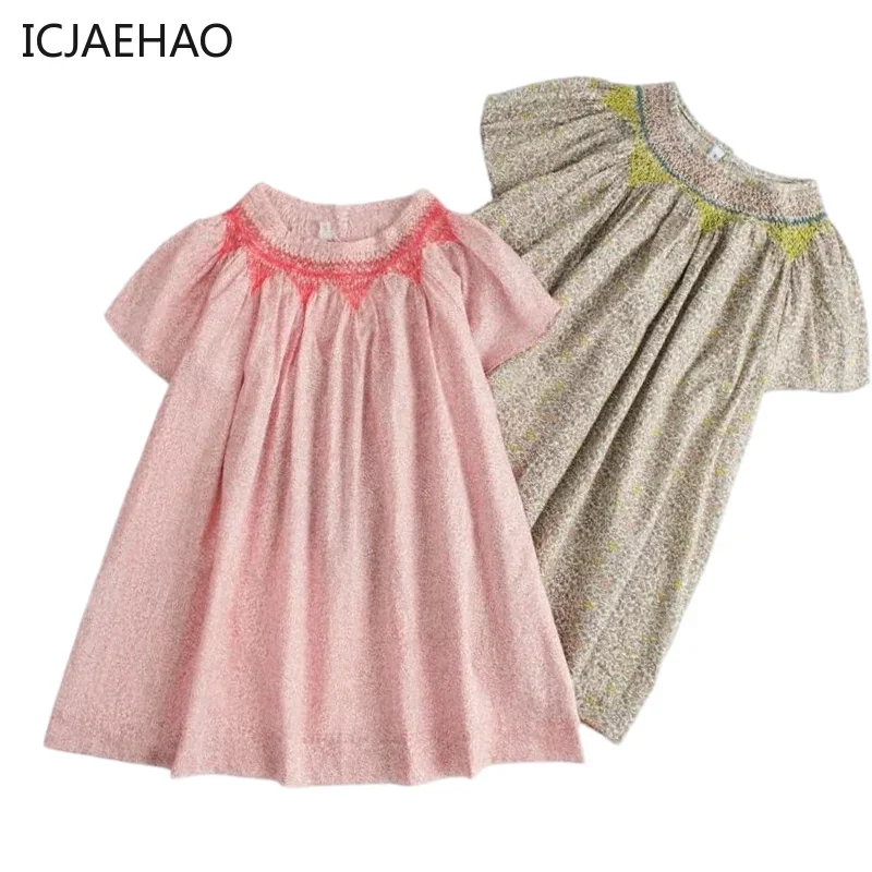 

2025 Floral Embroidery Smocked Dresses Baby Girls Casual Loose Clothes Vintage Kids Children Embroidery Outfit Matching for Eid