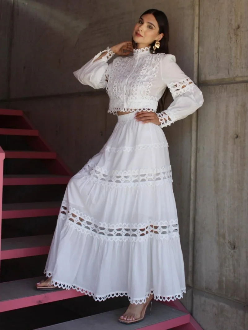 

Elegant Lace Spliced 2 Piece Sets Women Outfit Spring Clothing Women Long Sleeve Crop Top Maxi Skirt Suits Hollow Out Dress Sets