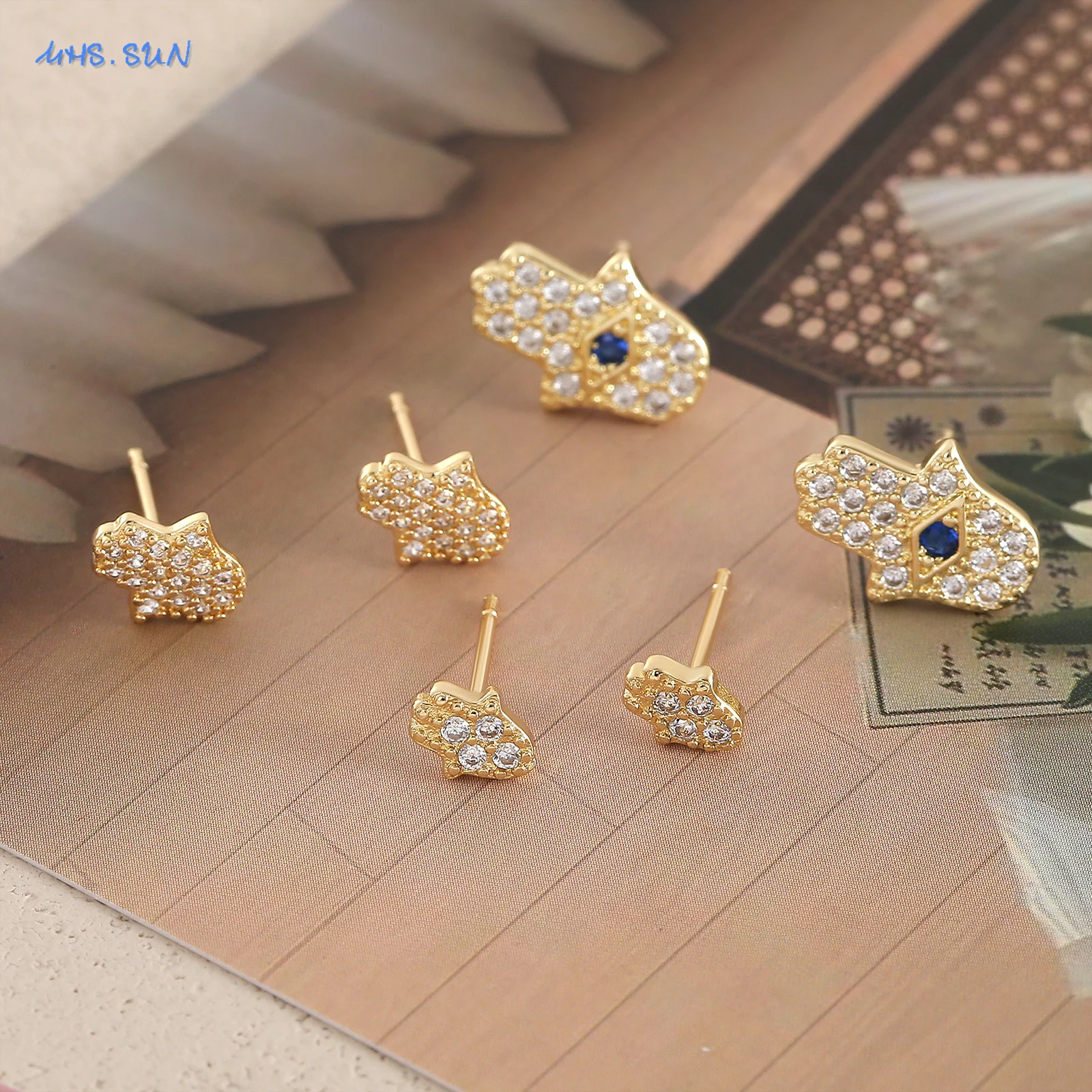 SUNSLL Simplicity Gold Color Fatima Hand Stud Earrings For Women Girls Fashion Cubic Zircon Devil Eye Palm Ear Jewelry 3 Size