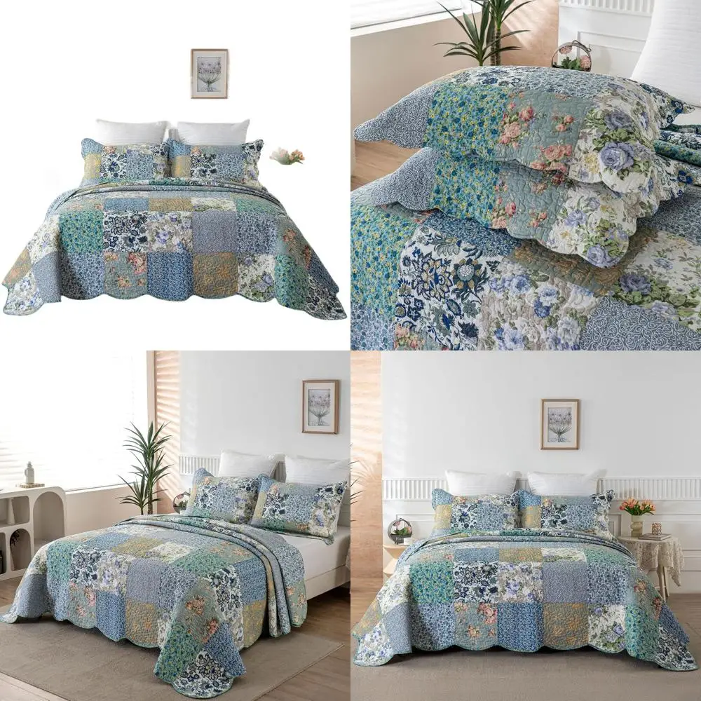 

Комплект одеял King Patchwork из 100% хлопка большого размера — 120x118 дюймов, двустороннее покрывало с цветочным принтом и подушка Shams на все сезоны