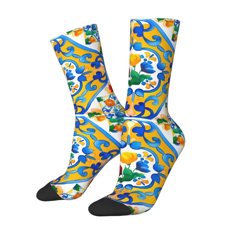 Custom Mediterranean Summer Fruit Lemons Italian Tiles Dress Socks for Men Women Warm Funny Novelty Crew Socks