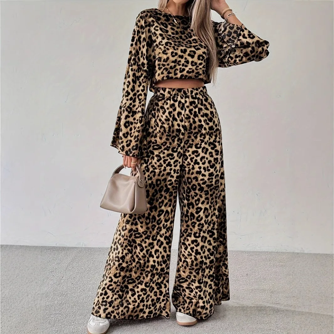 

New Leopard Print Loose Comfortable Casual Casual Daily Versatile Comfortable Long Sleeved Long Pants Two-piece Set For Women