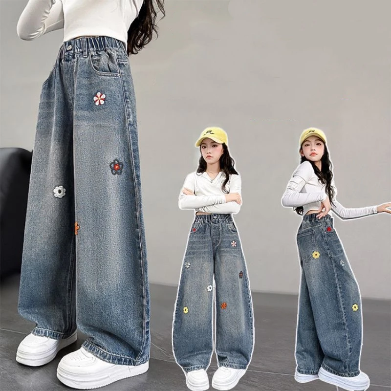 

Y2k New Harajuku Retro Embroidered Blue Loose Jeans for Girl Gothic Fashion Low Waist Wide Leg Jeans Autumn