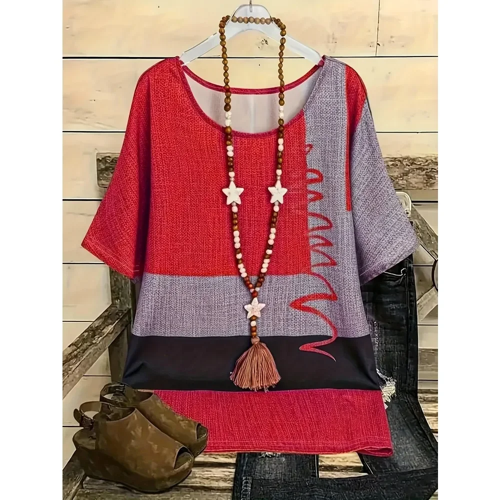 

Plus Size Women's Summer Season Contrasting Round Neck Half Sleeved T-shirt Blouse