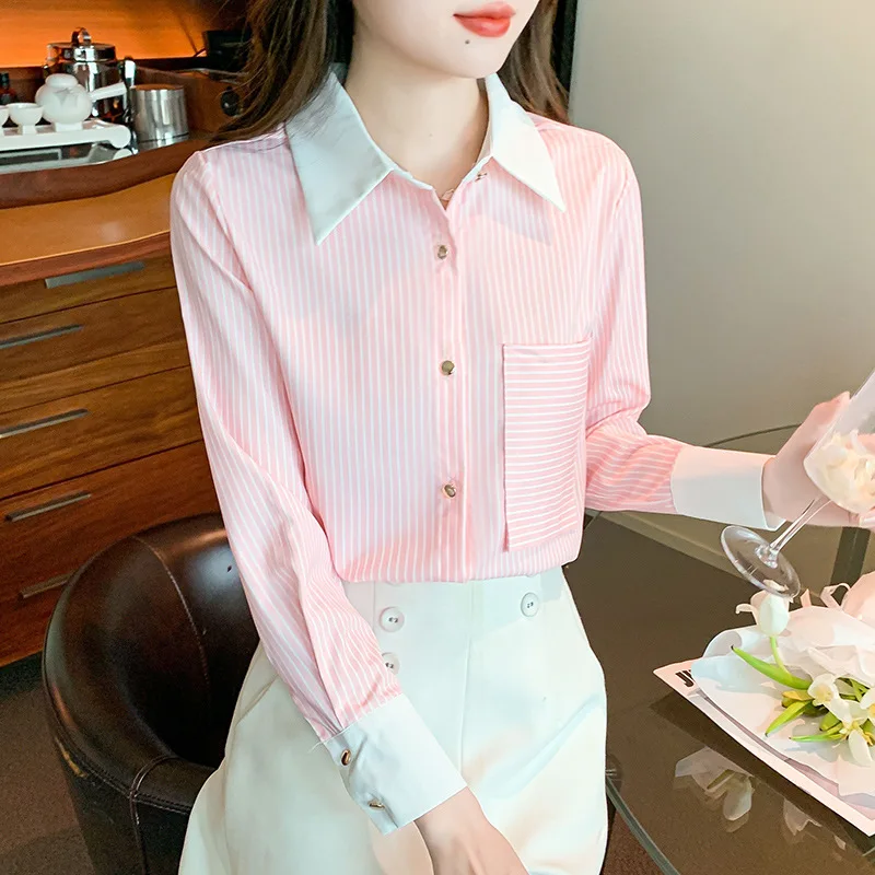 Pink Long Sleeve Office Blouses for Women Striped Tops Elegant Shirts Work Wear Spring Streetwear Korean Style Camisas Y Blusas