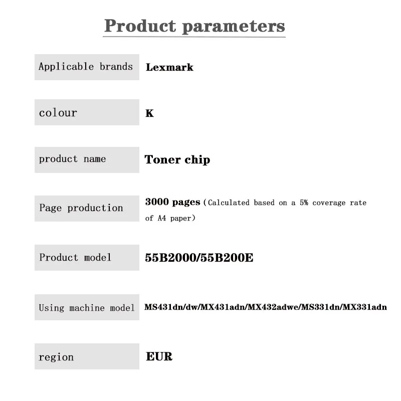 55B2000/55B200E 3K EUR toner cartridge chip for Lexmark MS431dn/dw/MX431adn/MX432adwe/MS331dn/MX331adn