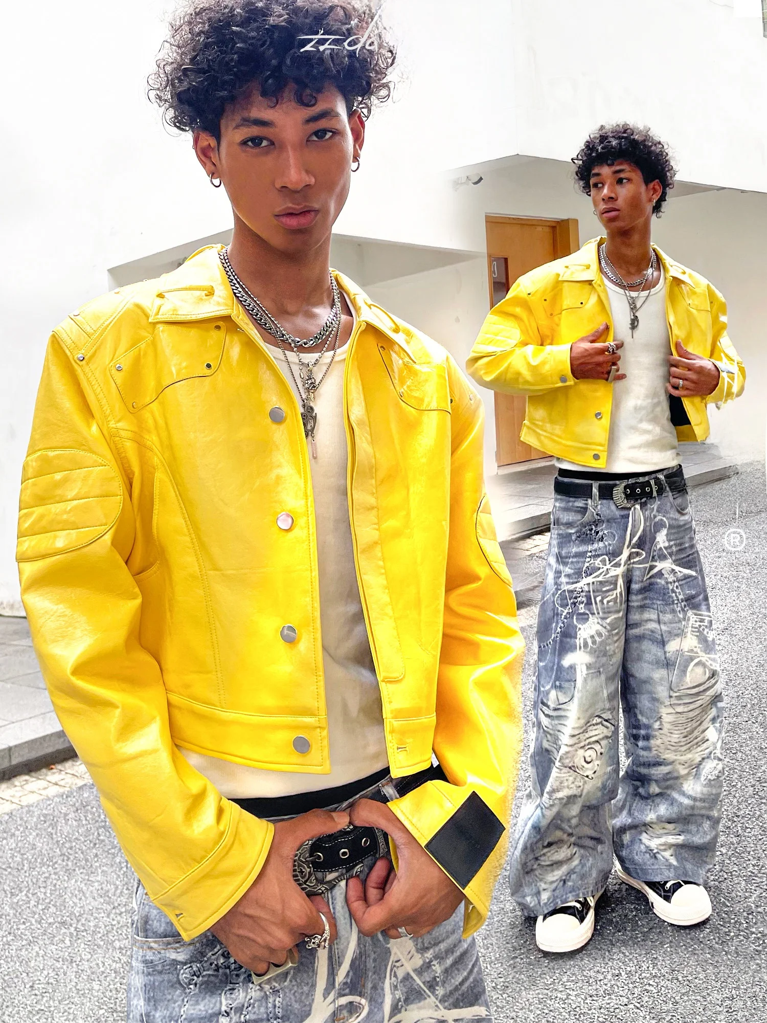 เสื้อแจ็คเก็ตหนัง PU สีเหลือง Bumblebee แบบหลวม ไหล่เสริมฟองน้ำ แขนยาว สไตล์พังก์ กระดุมแถวเดียว ซิปหลายจุด