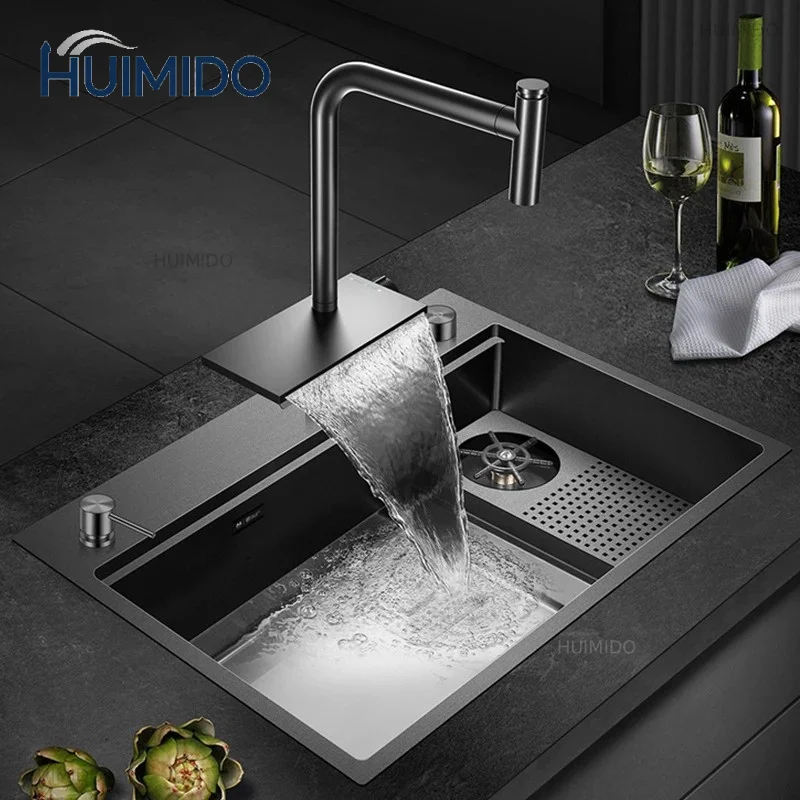 New Hot And Cold Water Waterfall Faucet Pull Out Kitchen Faucet Single Handle Switch Mixer Tap 360 Degree Kitchen Faucets