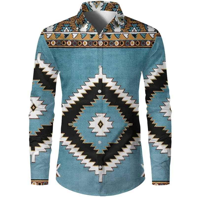 Ethnic Pattern Hawaiian Shirts For Men African National 3D Print Blouse Fashion Casual Loose Long Sleeve Lapel Tops Aloha Shirts
