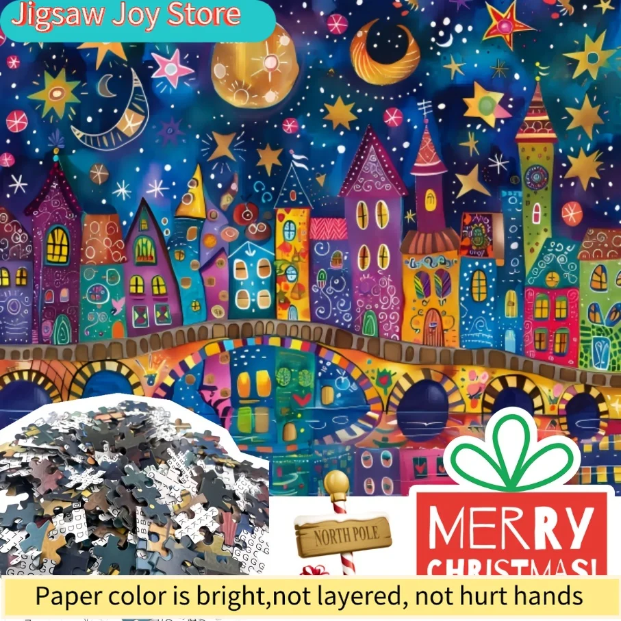

Jigsaw Puzzle - Vibrant Night Sky Scene with Stars, Planets & Whimsical Houses, Paper Puzzle for Adults, Challenging DIY Inte