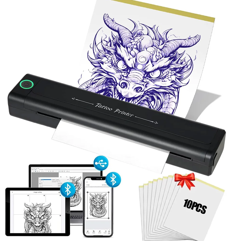 طابعة الوشم اللاسلكية مع 10 قطع من ورق النقل المحمول بلوتوث استنسل الوشم آلة النقل الحراري لفنان الوشم #1