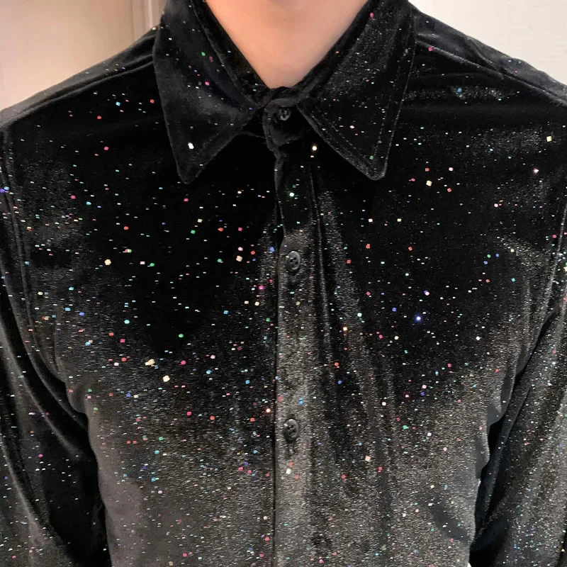 Spring Velvet Mens Multicolor Sequins Shirt Tops Fashion Turndown Collar Long Sleeved Chemise Homme De Luxe Slim Club Blouse Men