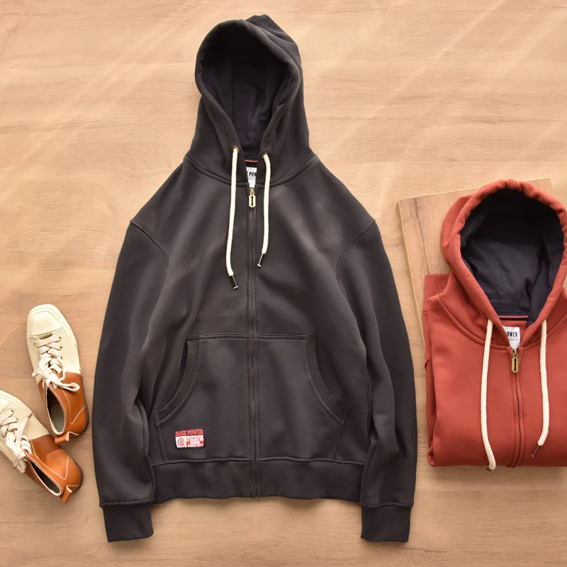 سترة بقلنسوة من الصوف للخريف والشتاء ثقيلة الوزن للرجال سترة يابانية مناسبة للزوجين بغطاء للرأس دافئة وسحاب عالي الشارع