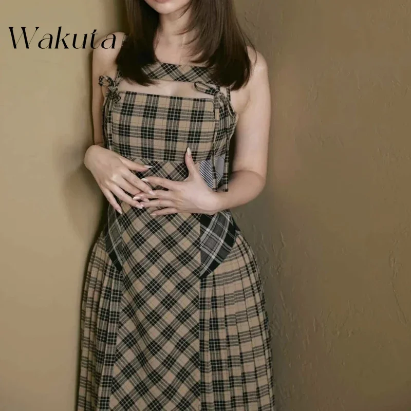 WAKUTA Japanese Retro Hollowed Out Sleeveless Plaid Dress Fashion Autumn Winter Waisted Hip Y2k Dress with Shawl Female Clothing