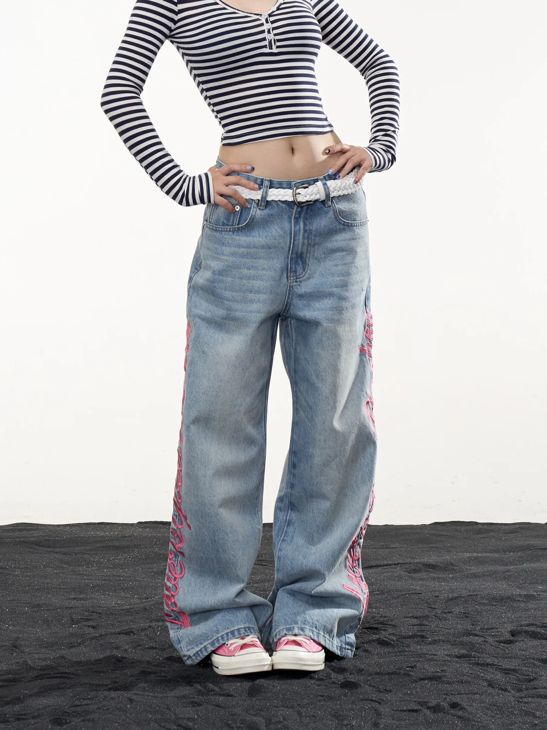 Washed Denim Jeans Women's Loose Straight Wide Leg Floor-Length Trousers American Retro Embroidery Street Style Trendy