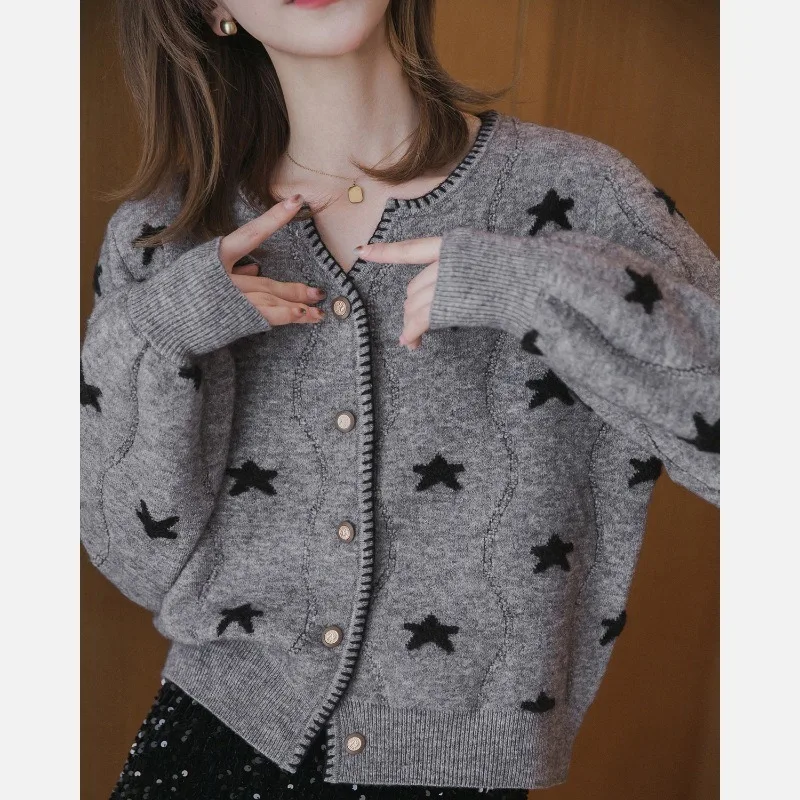 

Women Spring and Autumn New V-neck Purple Star Inner Wear Gentle Outer Wear Knit Cardigan Sweater Comfortable Breathable