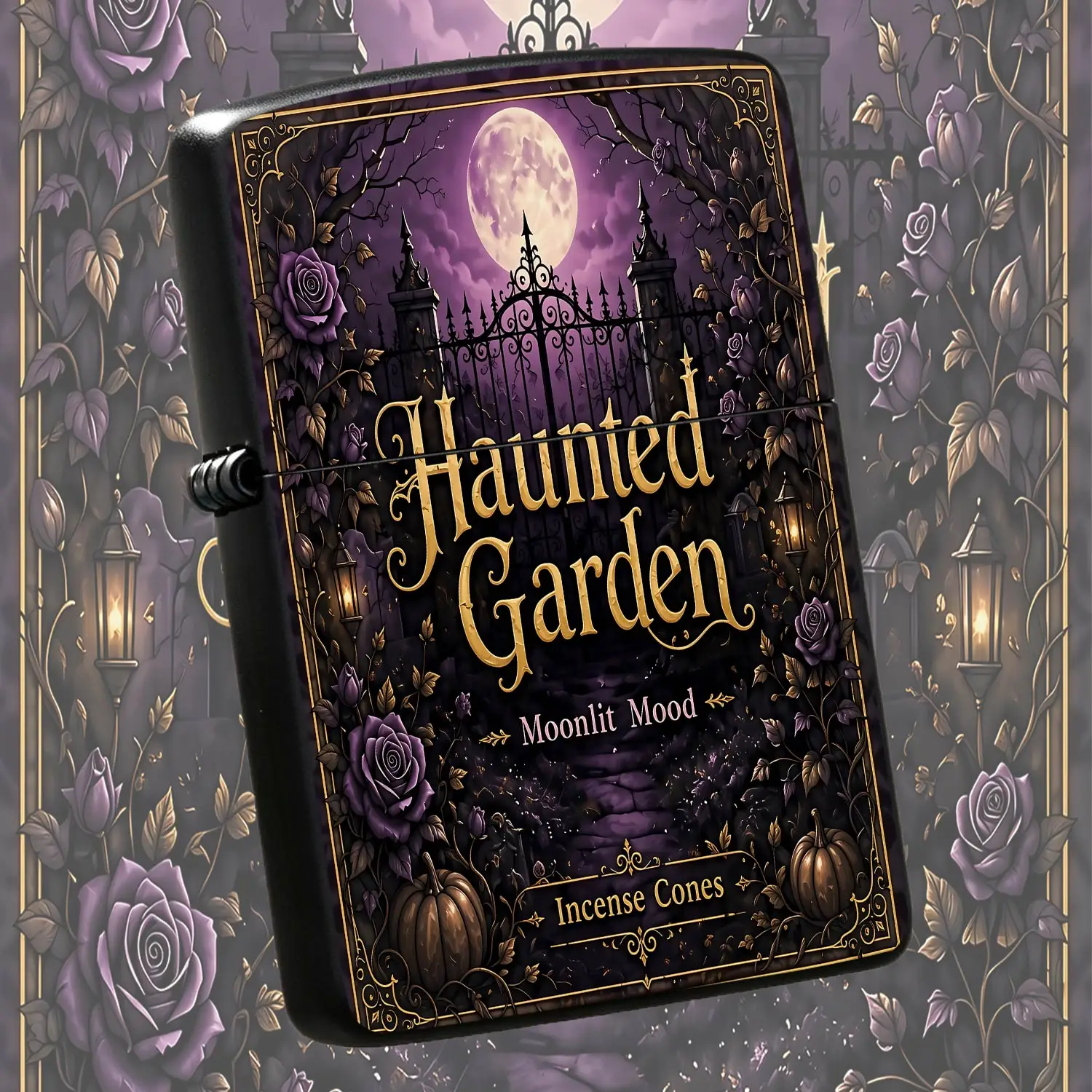 Haunted Garden Themed Portable Lighter, Exquisite Golden Embossed Moonlit Spooky Rose Pattern, Full Moon Night Dark Aesthetic Decor, Multi-Scenario Usable For Home Outdoor Daily Use, Unique Spooky Vibe Gift For Gothic S A Humorous And Inter