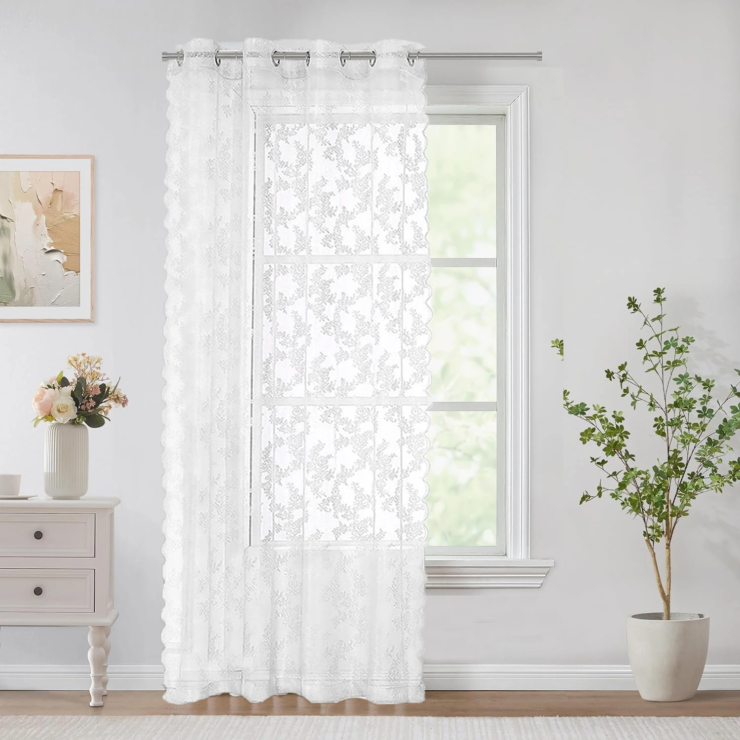 1 Piece Of White Lace Flower Patterned Sheer Curtain With A Grommet, For Living Room, Bedroom, And Home Decoration