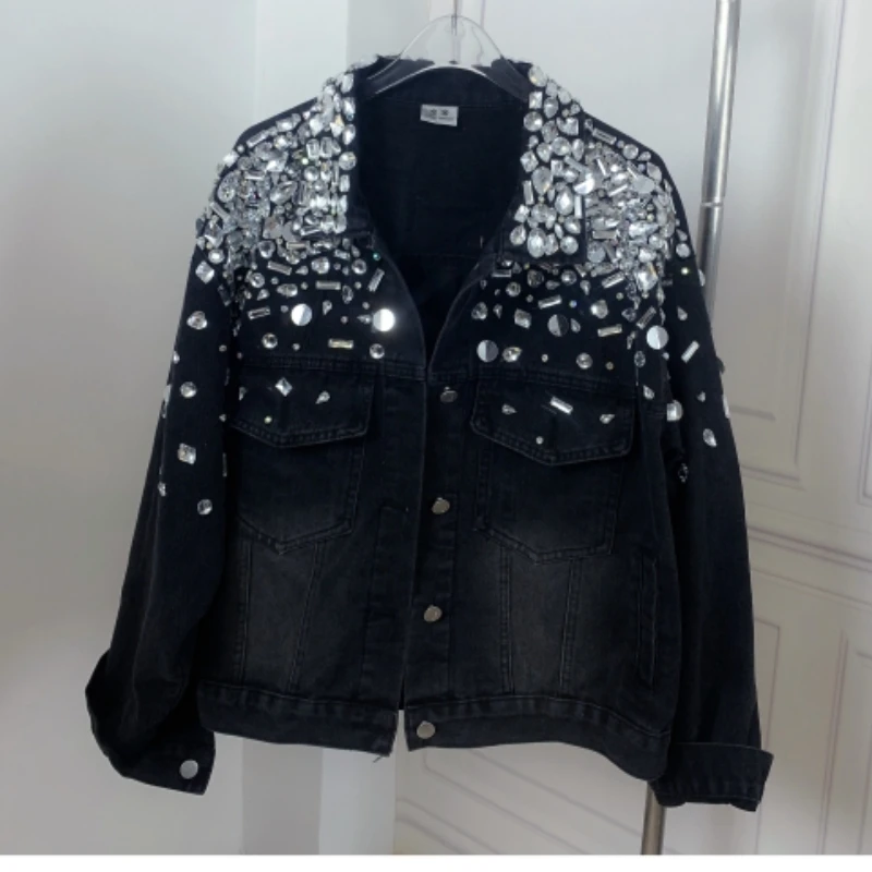 Women Rhinestones Beaded Sequins Black Denim Jacket Spring Autumn Crystal Jean Coat Loose Long Sleeve Streetwear Cowboy Cardigan