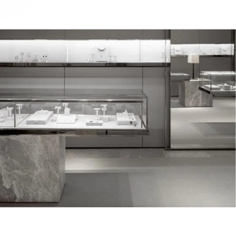 

Custom. jewelry showcase of new coming solid jewelry counter with tempered glass for retail shop interior design