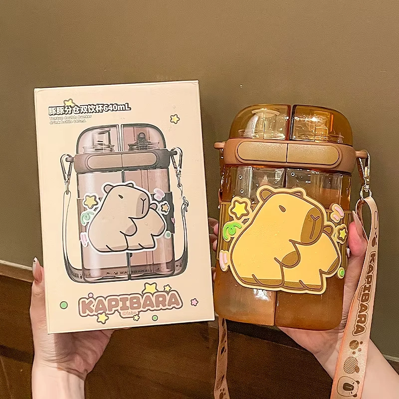 New Kids Capybara Water Bottle With Straw kapibara Plastic Cup for Children for Back to School and Outdoor Festivals Gift