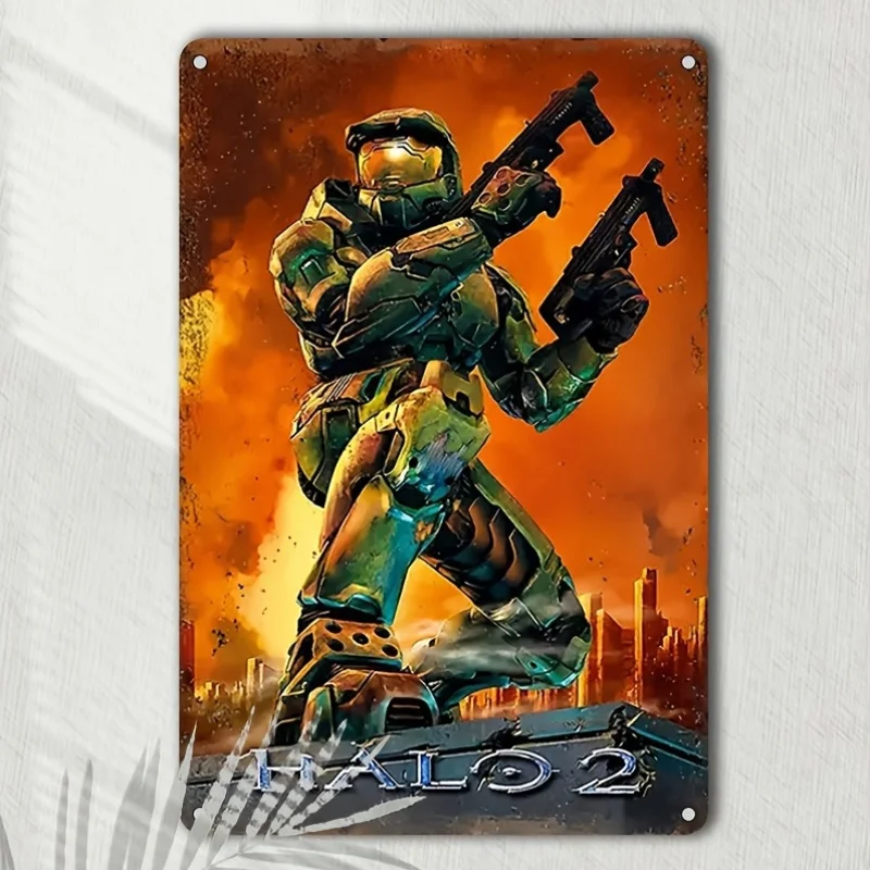 Letrero Metálico Vintage de 2 Piezas, Decoración Retro de Hierro con Imagen de Master Chief y Escena de Batalla Dinámica, Ideal para Salas de Juego, Cuartos de Fanáticos