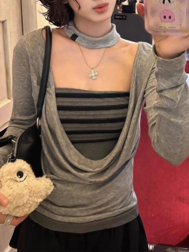 

Искусственные топы из двух предметов в американском стиле, элегантные женские осенние полосатые дизайнерские футболки с длинными рукавами, повседневный облегающий топ с вырезом