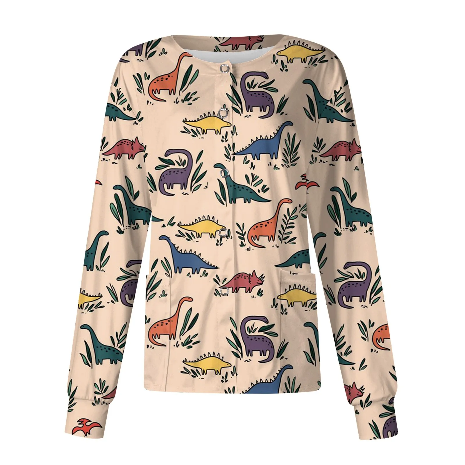 2023 New Women\'s Nurse Uniform Pocket Dinosaur Cartoon Printed Scrub Jacket Round Collar Work Uniform Female Cardigan