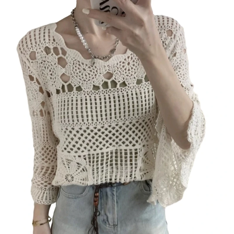 Stylish and Long Sleeve Knit Top with Delicate Floral Patterns for Women