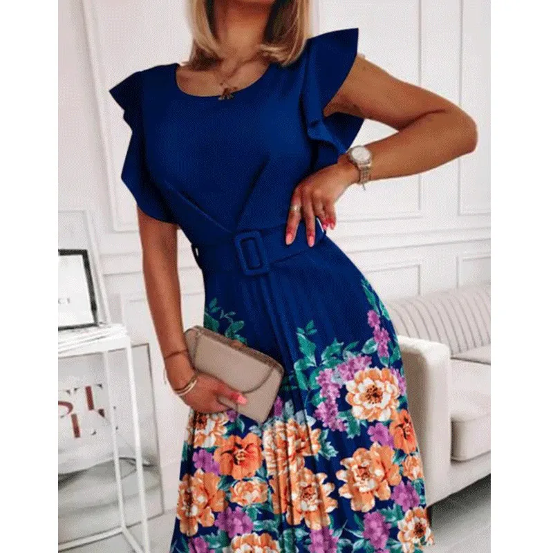 المرأة الصيف الجديدة جولة الرقبة الخصر مطوي كشكش حافة فستان مُزين بطباعة عالية الخصر أزياء عارضة اللباس