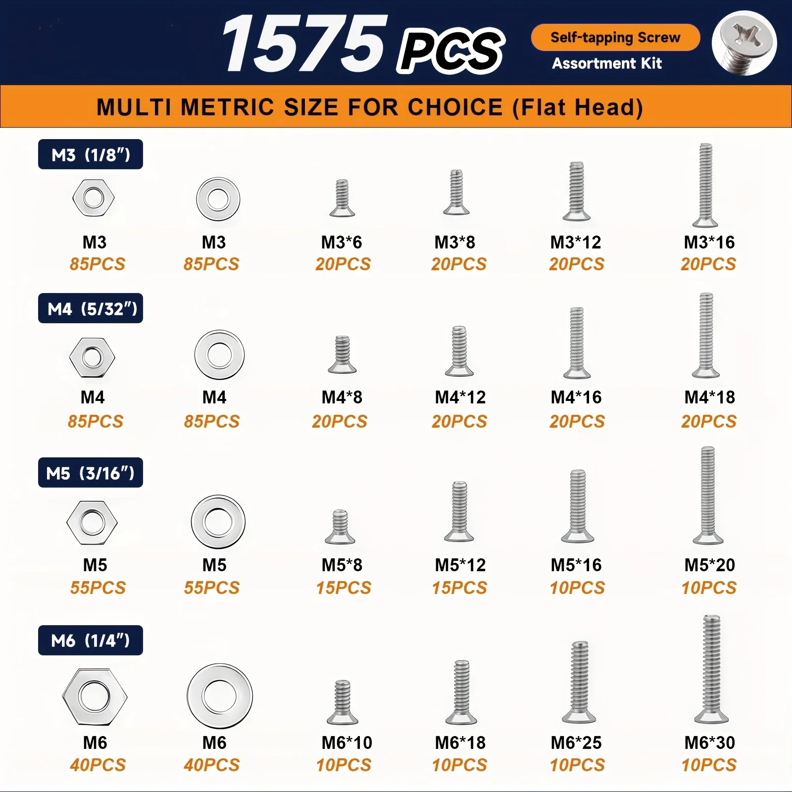 1575Pcs 304 Stainless Steel Screw Nut Washer Assortment Kit, Flat & Pan Head Screws with Double‑Sided Storage Box