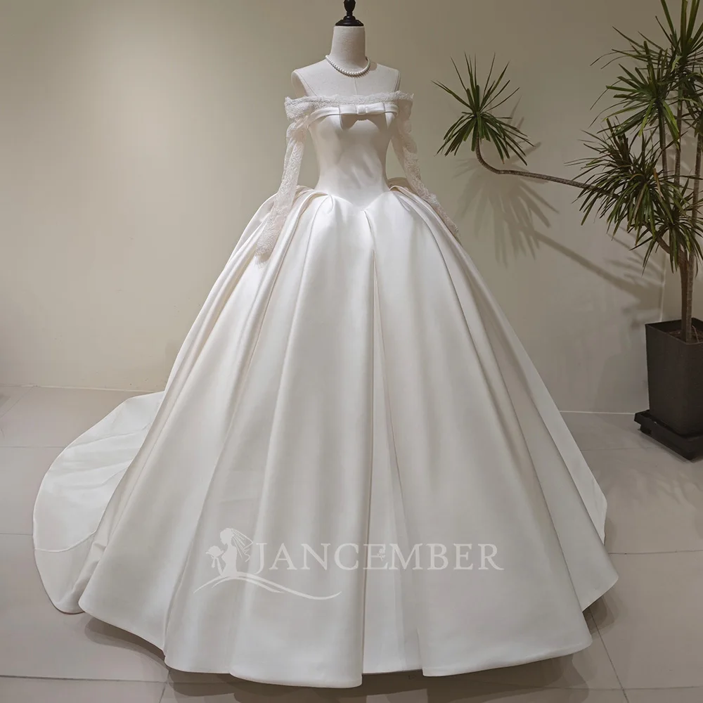 Superfine Wedding Dresses For Women Ball Gown Full Sleeves Customized Floor-Length Lace up Boat Neck Backless Vestido De Noiva