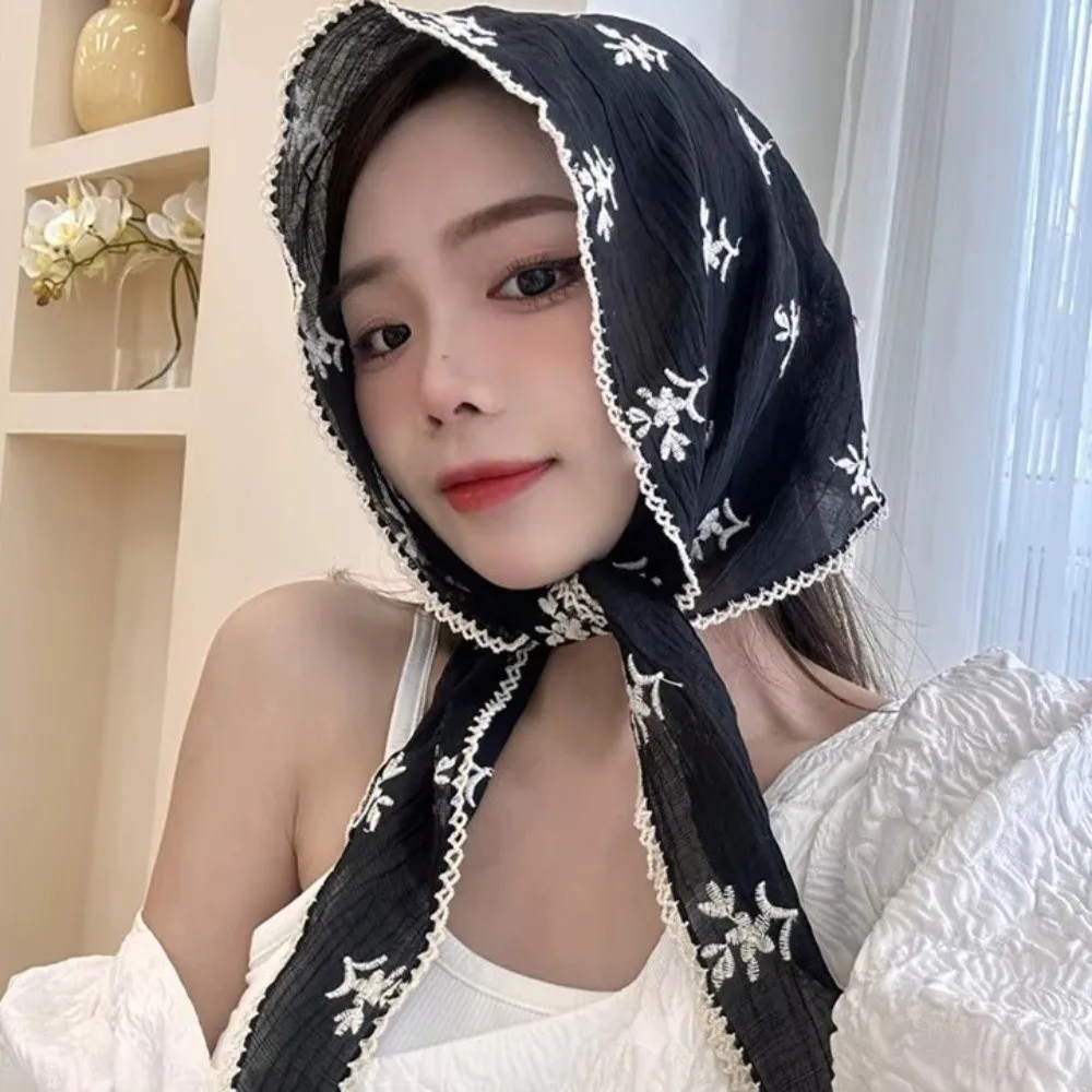 Retro Embroidered Lace Triangle Scarf Turban Thin Fresh Small Scarf Neckerchief Korean Style Flower Headband Summer