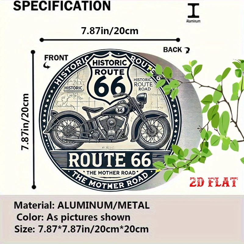 2D Flat, 1pc Historic Route 66 Motorcycle Metal Tin Sign -Vintage Rustic Wall Art,Round Aluminum Decor with Stars&Stripes Design