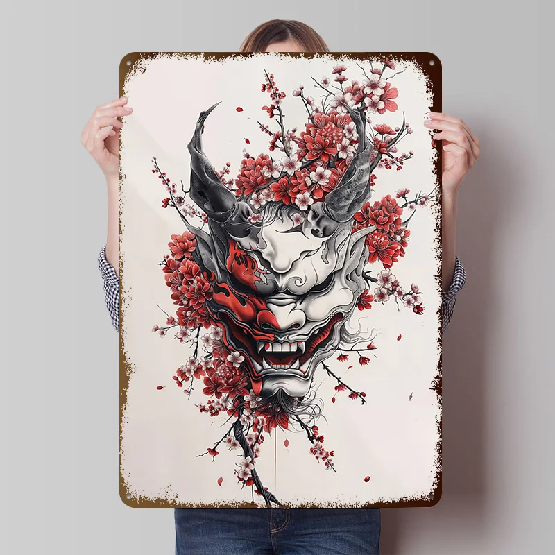 Minimalist Japanese Oni Tinplate Posters Customizable Wall Art Retro Vintage Metal Signs for Home Room Desk Decor Wand Deko the